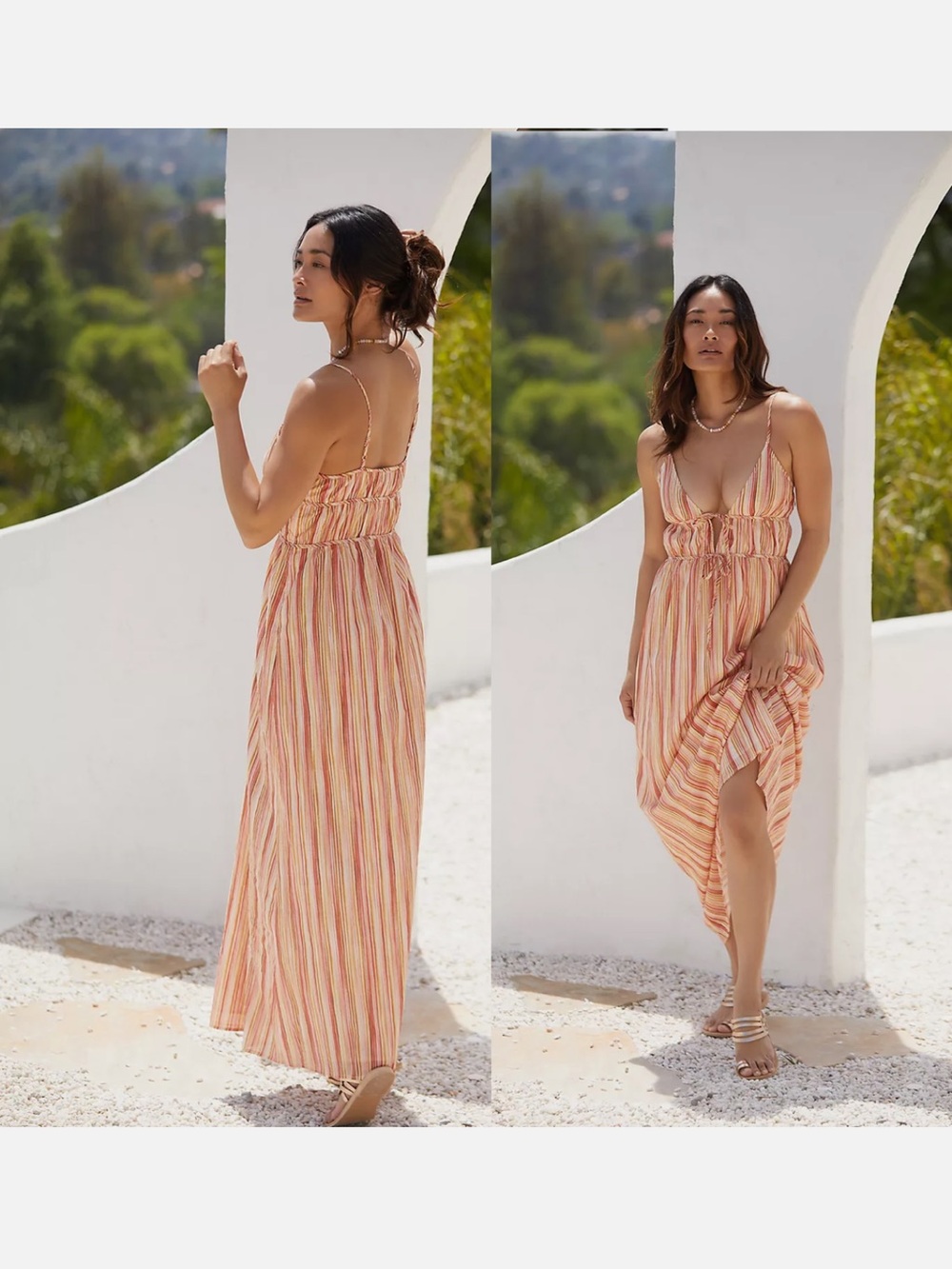 Charlie Holiday Peach, Red, Pink Striped “Heidi Maxi Dress”
